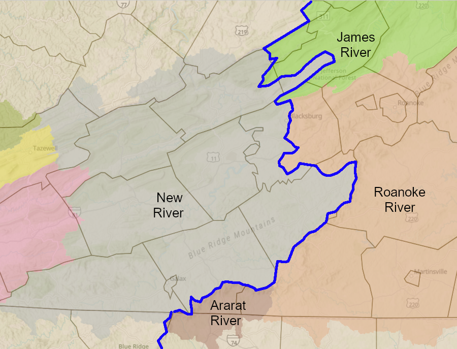 in Virginia, the Eastern Continental Divide separates the watersheds of the Ararat/Roanoke/James rivers from the New River watersheds