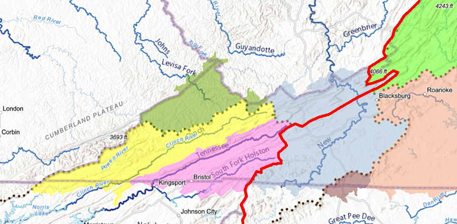if Craig Creek pirated the upper New River in perhaps a million years (and no other stream piracy occurred), the new Eastern Continental Divide would shift to the red line