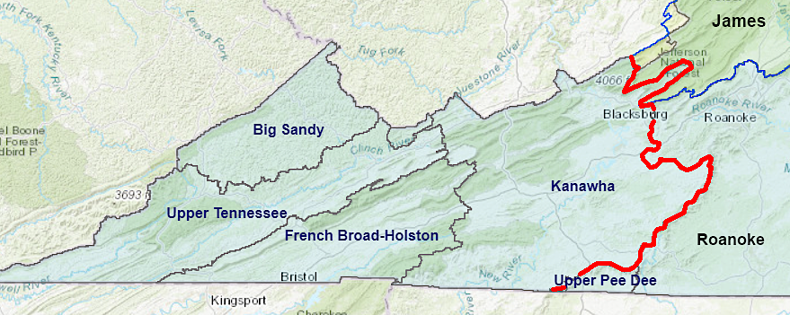 the New River flows west to join the Kanawha River and ultimately the Mississippi River, while the James and Roanoke rivers flow east to the Atlantic Ocean
