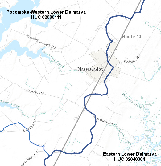 on the Eastern Shore, Route 13 is located close to the divide... but is not exactly on the watershed boundary