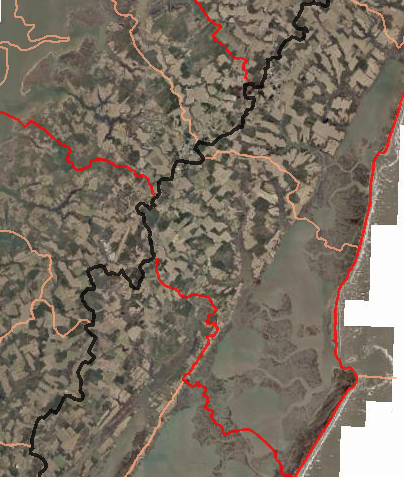 roughly half of the Eastern Shore drains to the Chesapeake Bay, half to the Atlantic Ocean, and the watershed boundary (black line) is in the middle of the peninsula