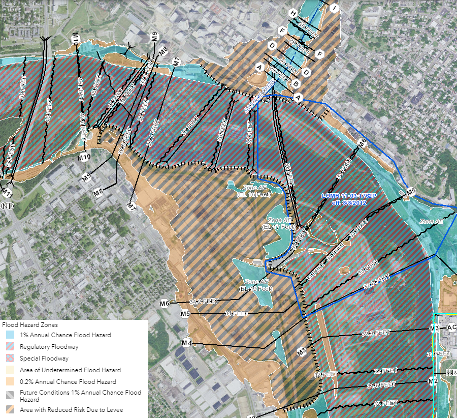flooding risk in downtown Richmond has been mitigated by construction of flood walls