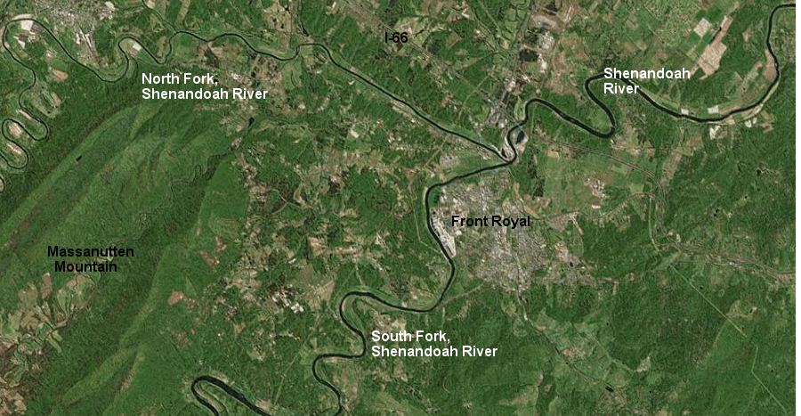 the confluence of the North Fork and the South Fork of the Shenandoah River at Front Royal is the beginning of the main stem of the Shenandoah River (which ends at its confluence with the Potomac River at Harpers Ferry)