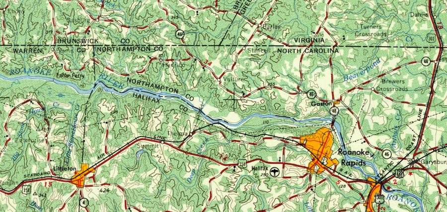 in 1953, dams had not created Lake Gaston or Roanoke Rapids Lake yet on the Roanoke River