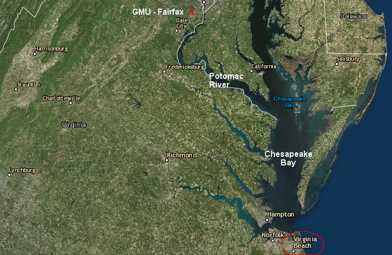 pollution from the GMU Fairfax campus travels down the Potomac River and through the Chesapeake Bay, before reaching Virginia Beach