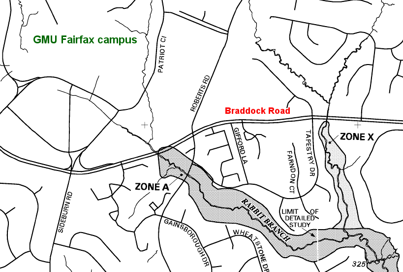 the Fairfax Campus of George Mason University is mapped with code X and is not shaded, so it is outside the 500-year flood plain