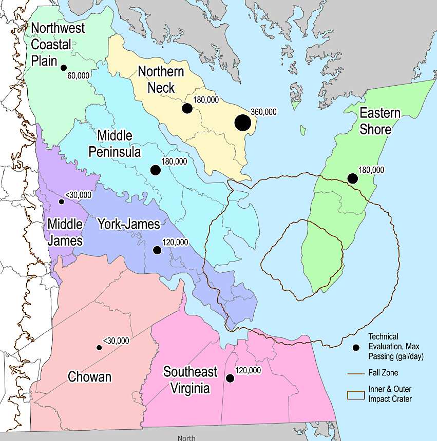 maximum remaining withdrawal capacity (in gallons per day) for sub-regions of the Eastern Virginia Groundwater Management Area