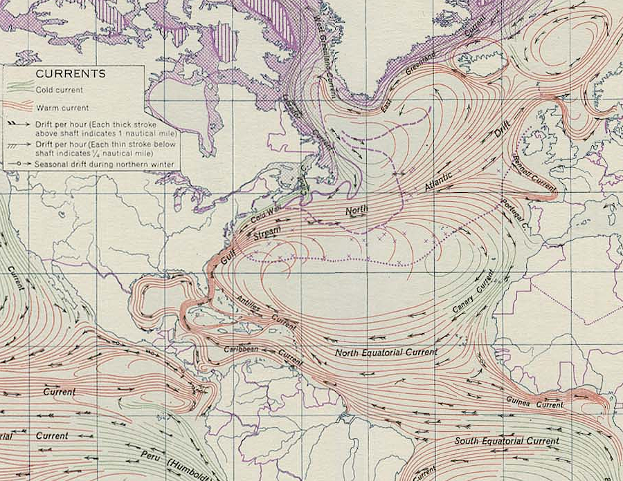 the Gulf Stream starts north of Cape Hatteras and flows on the western edge of the North Atlantic Gyre, isolating the Sargasso Sea from connection with North America