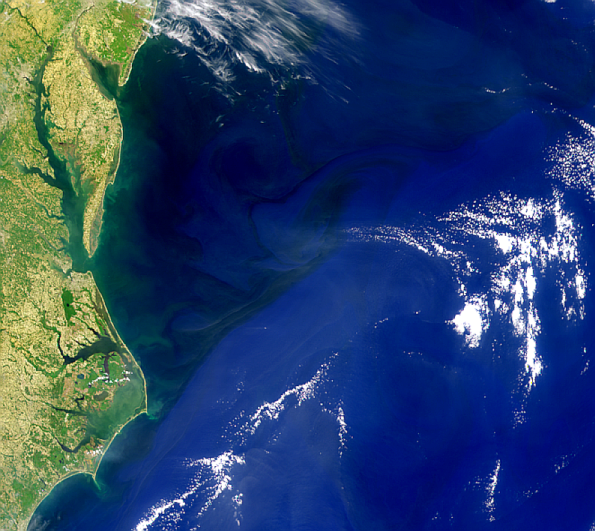 ocean colors reveal how the Gulf Stream veers away from the continent at Cape Hatteras