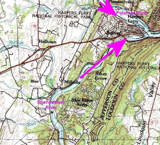 confluence of Potomac and Shenandoah rivers at Harpers Ferry