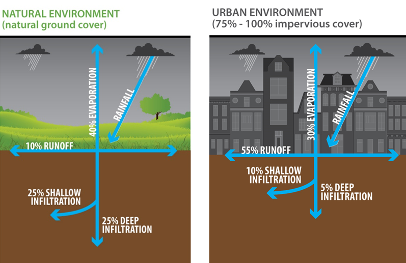 rainwater is blocked from seeping into the ground, when the surface become impervious