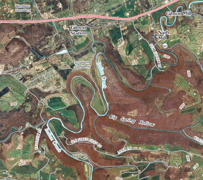 Indian Creek (tributary to Powell River), carving its valley in Lee County