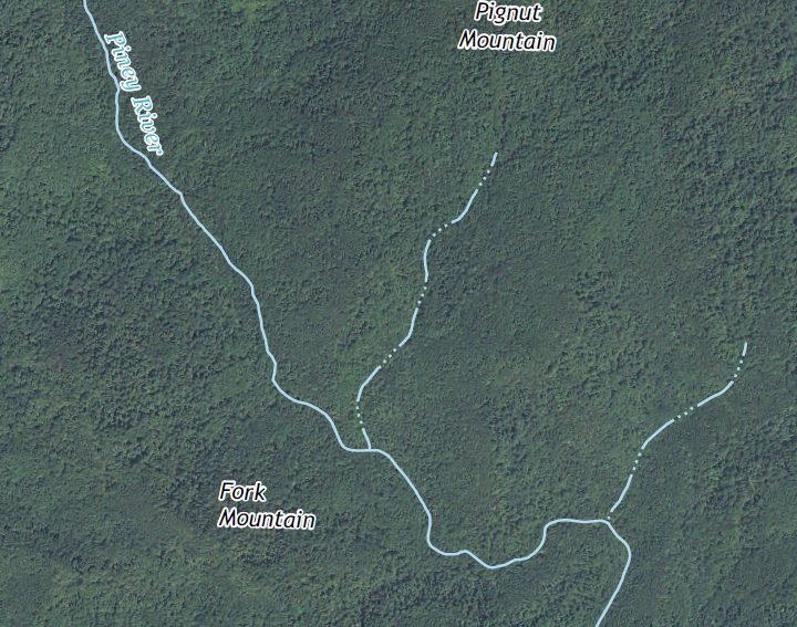 Piney River in Rappahannock County is fed by intermittent streams (dotted lines) flowing off the Blue Ridge