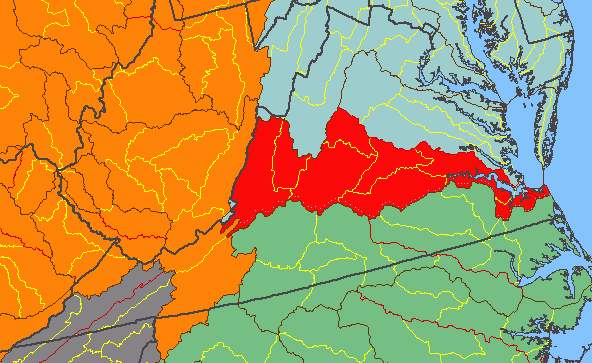 25% of Virginia is in the James River watershed (in red)