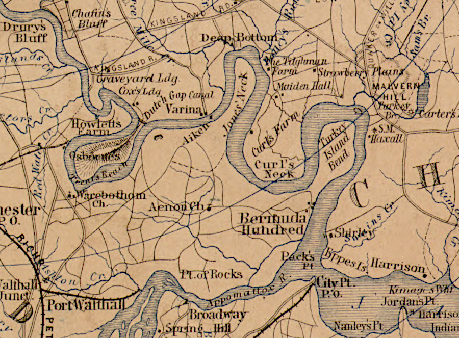 the James River naturally curled around several bends and necks, until canals were cut after the Civil War