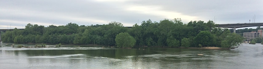 looking at Belle Isle, Lee Bridge, and Dominion Energy facility on north bank from the T. Pot Bridge in Richmond