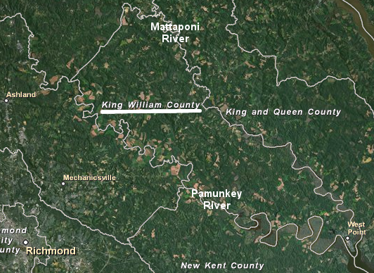 northern and southern boundaries of King William County are defined by Mattaponi and Pamunkey rivers, before their confluence at West Point