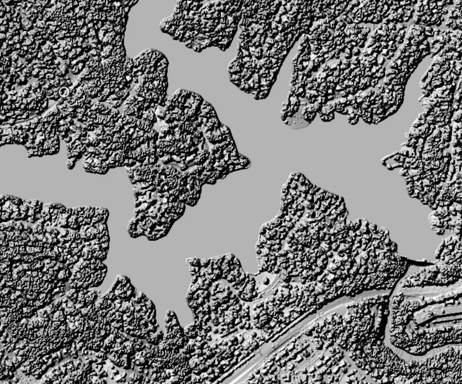 LIDAR reveals the topography at the Lake Barcroft dam on Holmes Run, next to Columbia Pike