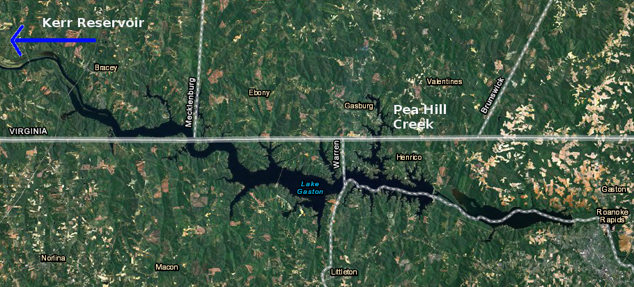 most of Lake Gaston is in North Carolina - but the arm where Pea Hill Creek was flooded extends into Virginia, so the Virginia Beach pipeline intake was located north of the Virginia/North Carolina border