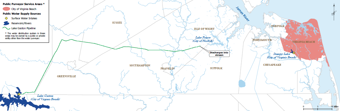 route of Lake Gaston pipeline, crossing Meherrin River, Nottoway River and Blackwater River watershed divides