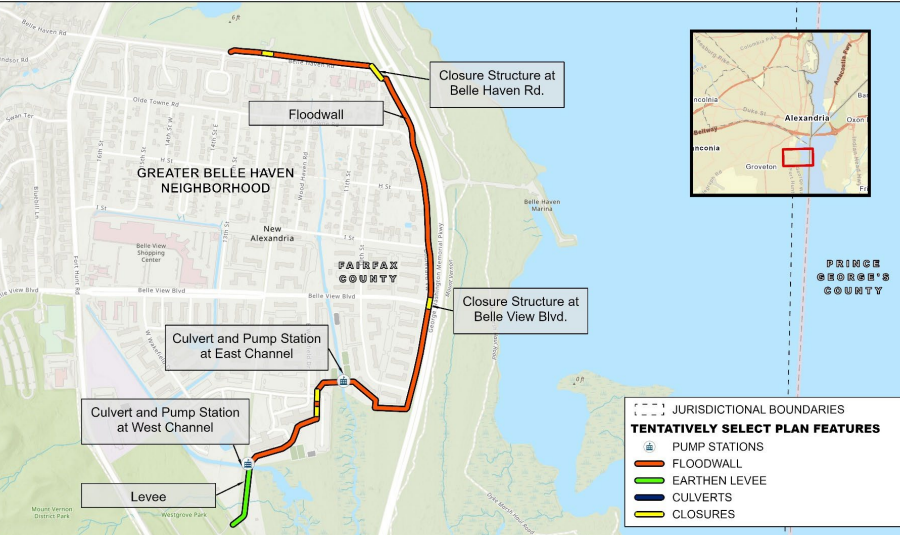 in 2022, a levee was proposed as part of the flood control project that could protect Belle Haven in Fairfax County