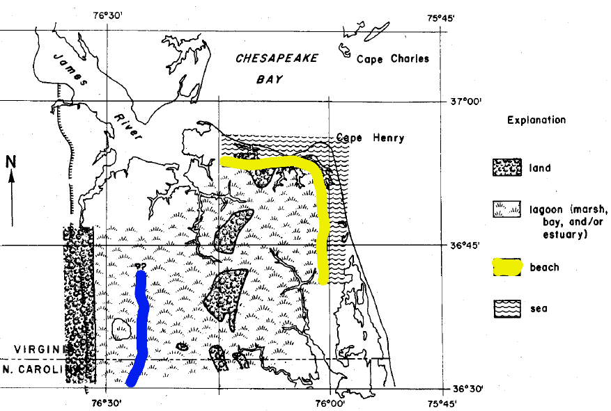 sea level was 24' higher than today and an oyster reef existed (blue line) when the London Bridge Formation was deposited in lagoons