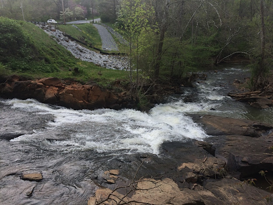 Blackwater Creek downstream of College Lake and US 221 (Lakeside Drive) in April, 2019