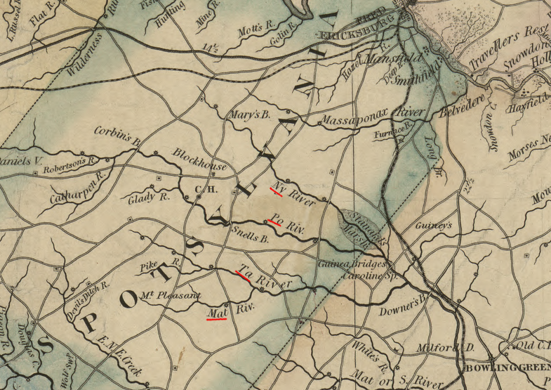 tributaries at the headwaters of the Mattaponi River are named, individually, the Mat, Ta, Po, and Ny rivers