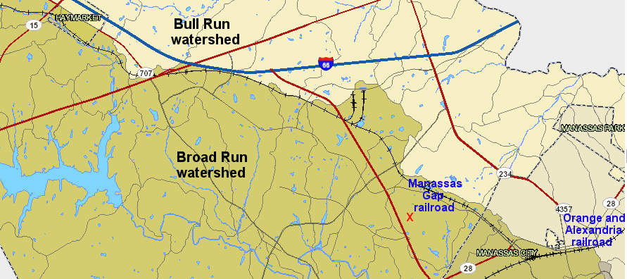 in the 1850's, engineers chose the ridge that divided the Bull Run and Broad Run watersheds as the route for the railroad near the modern Prince William campus of George Mason University (red X)