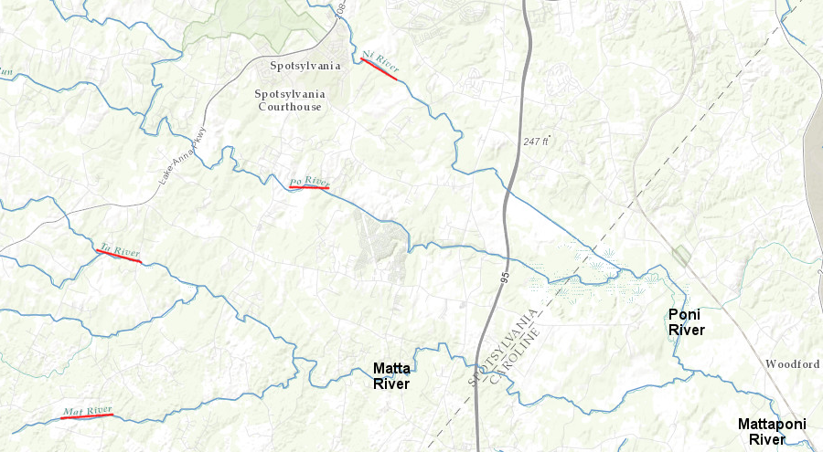 the Mattaponi River is formed by four tributaries, the Mat, Ta, Po, and Ni rivers