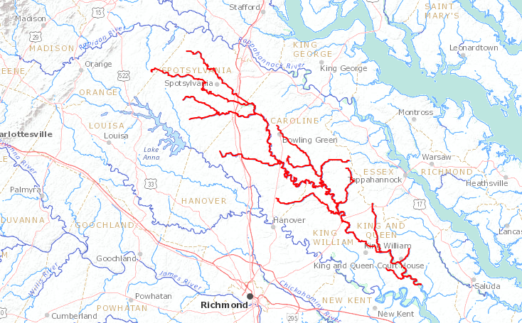 the Mattaponi River (shown in red) flows primarily in the Coastal Plain