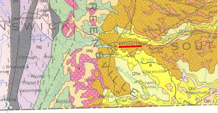 the Meherrin River crosses the Fall Line west of Emporia, flowing eastward from hard crystalline Piedmont bedrock to soft sediments of the Coastal Plain