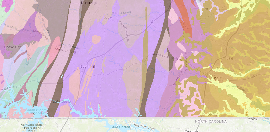 the Meherrin River flows across geologic terranes that were accreted to the continent in the Taconic and Alleghenian orogeny, then from Emporia eastward crosses younger Coastal Plain sediments