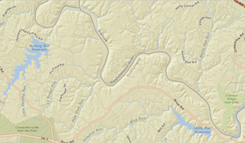 water released from Hunting Run Reservoir flows down the Rapidan/Rappahannock rivers, to be pumped into the Motts Run Reservoir and processed by the water treatment plant there