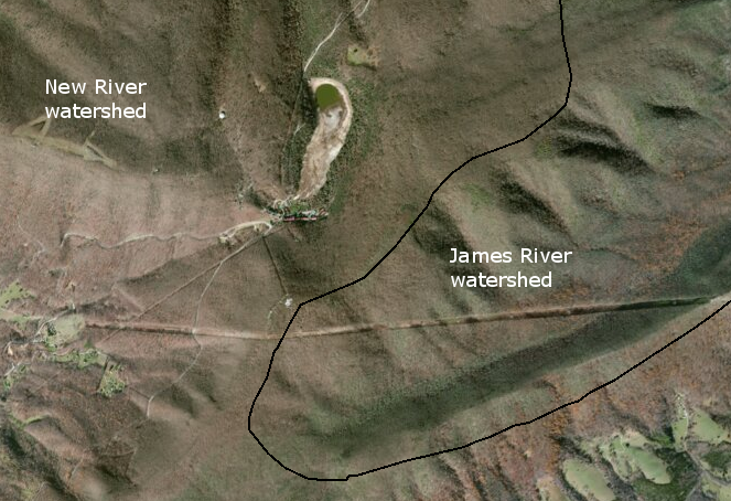 Mountain Lake is near the watershed divide between the Chesapeake Bay (James River watershed) and Gulf of Mexico (New River watershed)