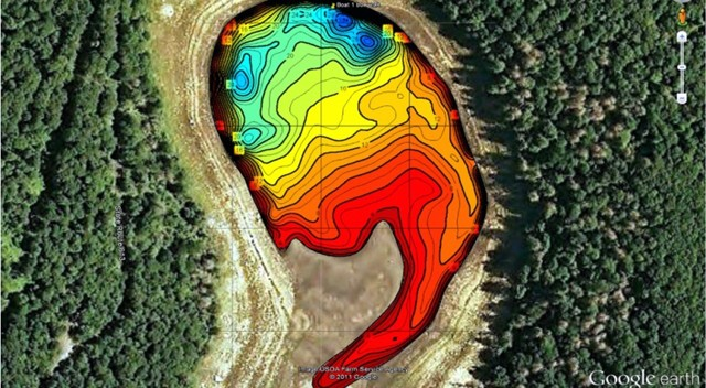 where Mountain Lake bathymetric map located four piping holes (in blue) at northern end, presumably the outlets to underground drainage