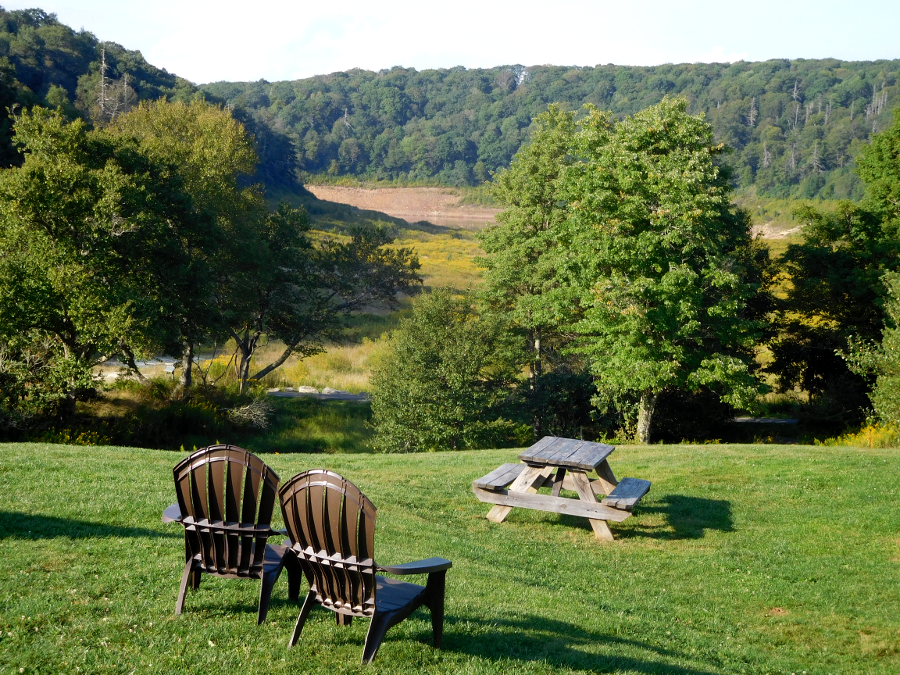 the lawn in front of the hotel provides a scenic vista, even without the lake (as seen in September, 2016)