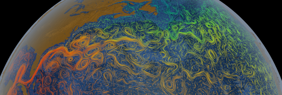 ocean flows colored with sea surface temperature data