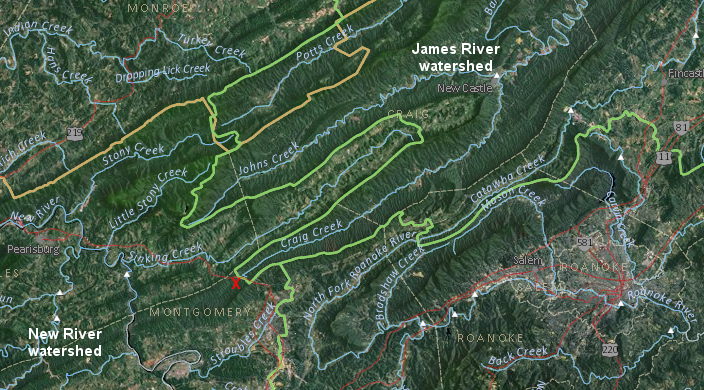 Eastern Continental Divide in Giles County, where Potts/Johns/Craig/Catawba creeks flow north to the James River rather than south towards the New River (red X marks location of Pandapas Pond)