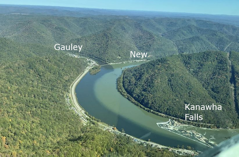 the downstream end of the New River is where it meets the Gauley River, just upstream of Kanawha Falls