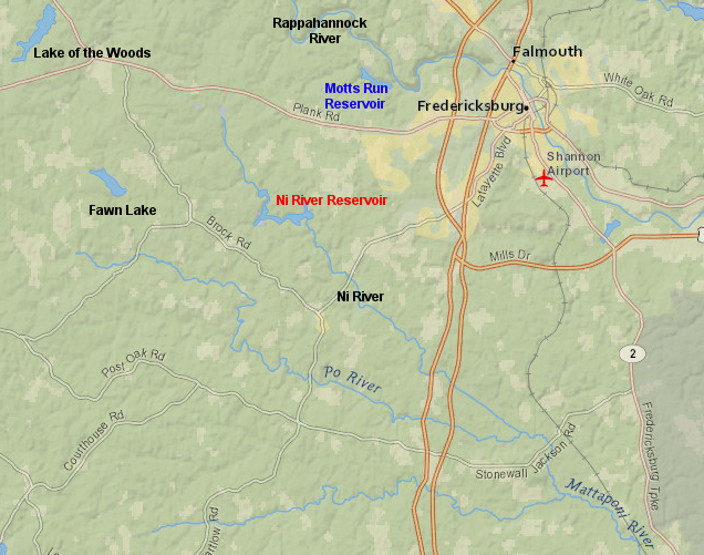 the dam creating the Ni River Reservoir was built across the river's main channel, but the dam for the Motts Run Reservoir was located on a small tributary of the Rappahannock River to create an off-stream storage reservoir