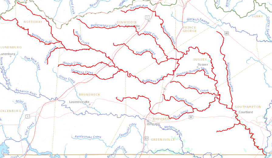 the confluence of the Nottoway River and the Blackwater River, at the Virginia-North Carolina border, is the beginning of the Chowan River