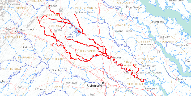 the York River begins at the confluence of the Pamunkey (shown in red) and Mattaponi rivers