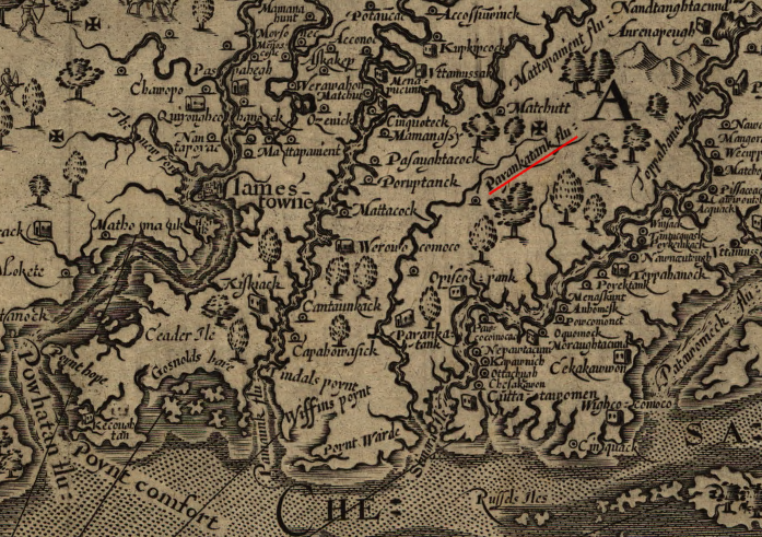John Smith produced the first map showing the Piankatank River and the Dragon Run watershed (the Maltese cross indicates he personally explored the headwaters near Matchutt)