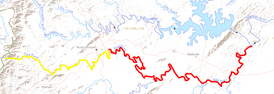 removing the Power Dam allowed fish to fully utilize 70 miles of the Pigg River, upstream from the old dam site to the Blue Ridge (yellow) and downstream to Leesville Lake (red)