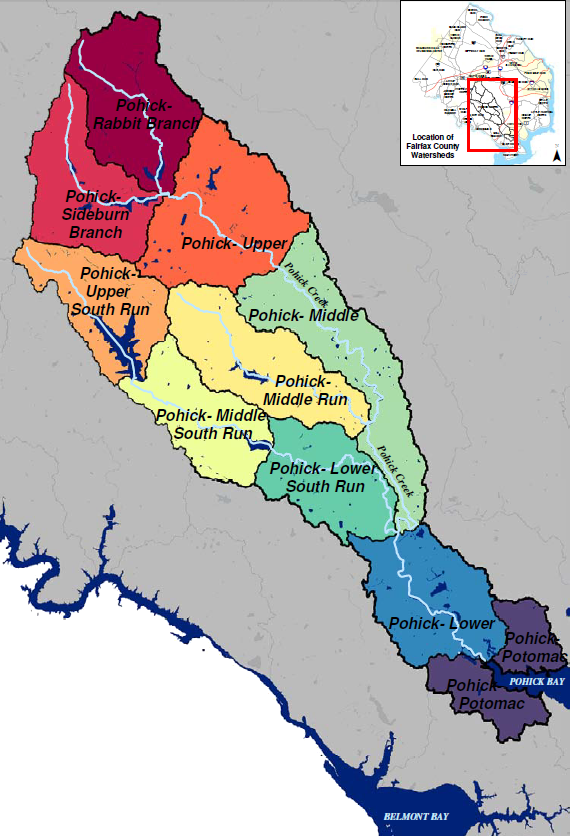 Fairfax County subdivided Pohick Creek into 10 smaller watershed management areas (WMAs), for planning stormwater control projects