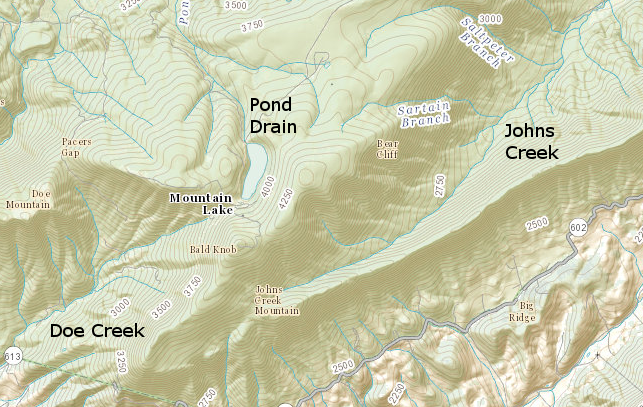 Pond Drain and Doe Creek are on the opposite side of the Eastern Continental Divide from Johns Creek