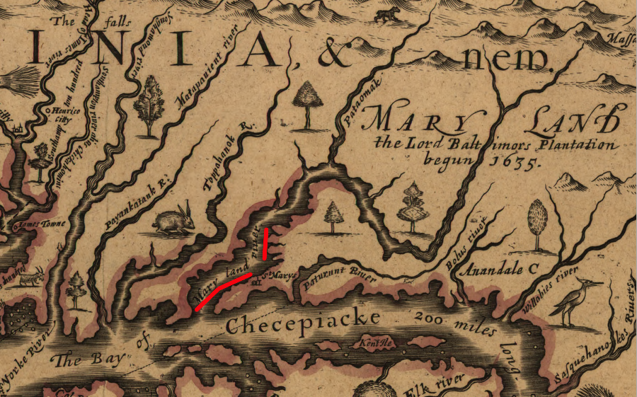 in 1651, John Farrer mapped the Potomac as Maryland River