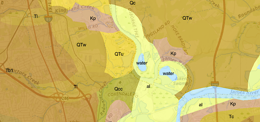 outcrops of Potomac Formation (Kp) near Fall Line