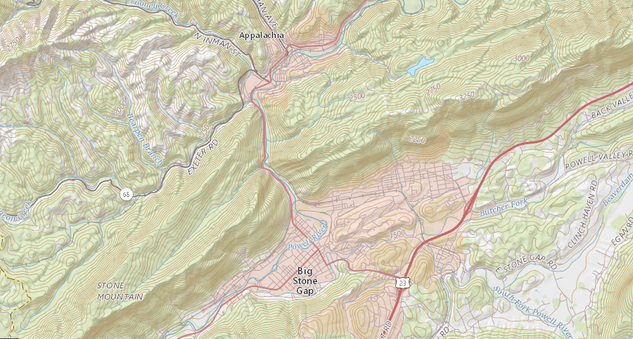 railroads used the gap carved by the Powell River to go north to a junction, where the town of Appalachia developed